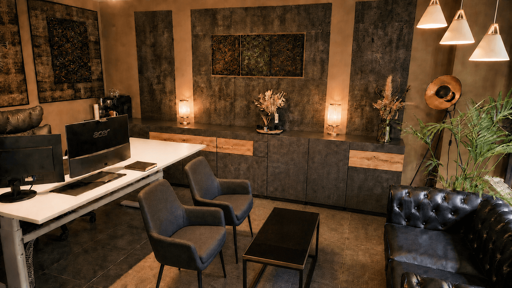 The Finexpert reception area with seating, a leather armchair and a workspace