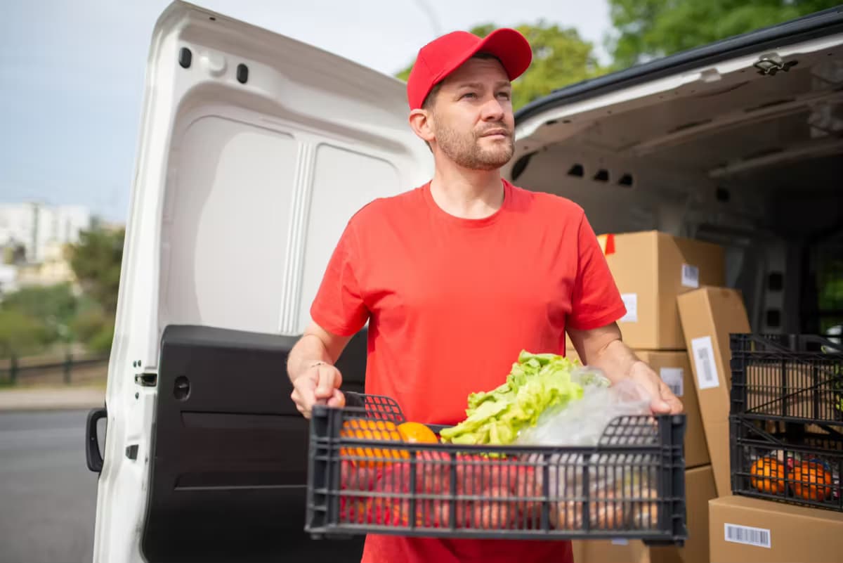 Courier unloading a crate of vegetables from a van